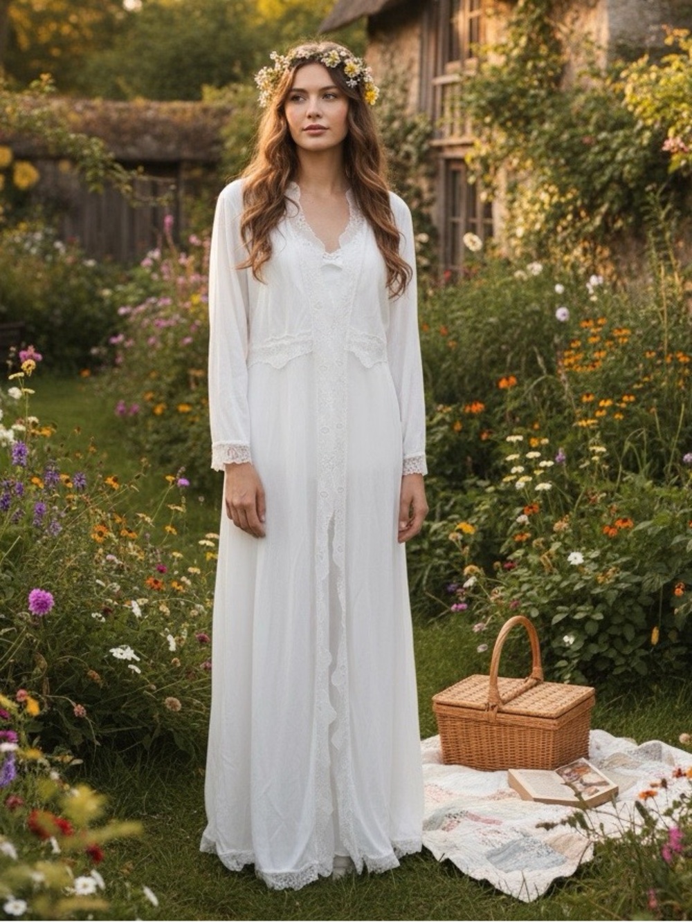 Cottagecore Floral Lace Womens White Maxi Robe Romantic Prairie Boho Tie Front